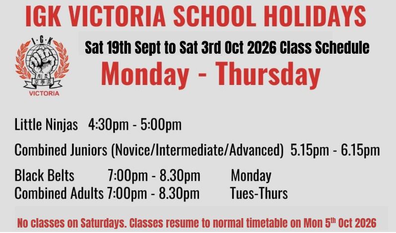 Spring School Holiday Class Schedule for IGK Victoria
